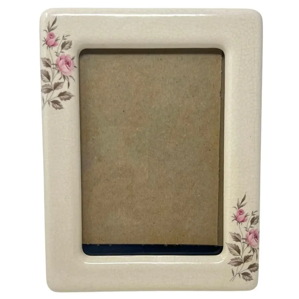 Vintage Cream Porcelain Photo Picture Frame Pink Roses Floral Cottagecore 5x7